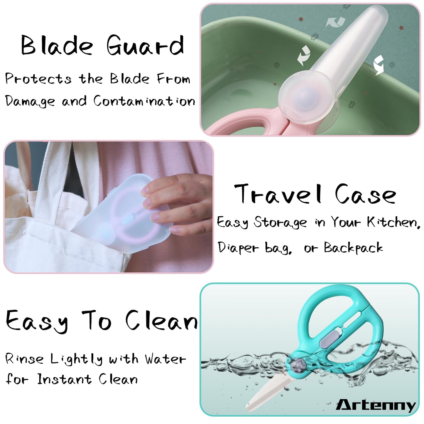 Artenny Ceramic Baby Food Scissors Kids With Travel Case, Toddler Scissors With Safety Lock, Ideal For Pizza, Meats, Noodles, Ve