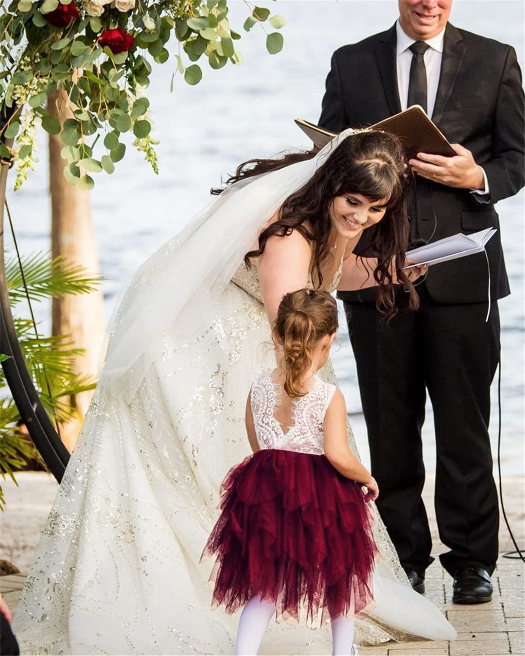 2Bunnies Girl Peony Lace Back A-Line Tiered Tutu Tulle Flower Girl Dress (Burgundy Sleeveless Short, 7-8Yrs)