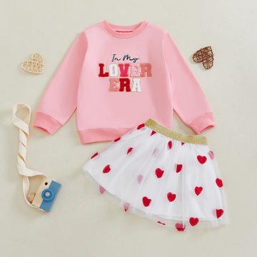 Yingisfitm Toddler Girl Valentines Day Outfit Letter Sweatshirt Love Heart Tutu Skirts Sets Little Girl Valentine Clothes (Pink,