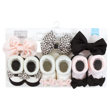 Hudson Baby Infant Girl Headband And Socks Giftset, Light Pink Leopard, One Size