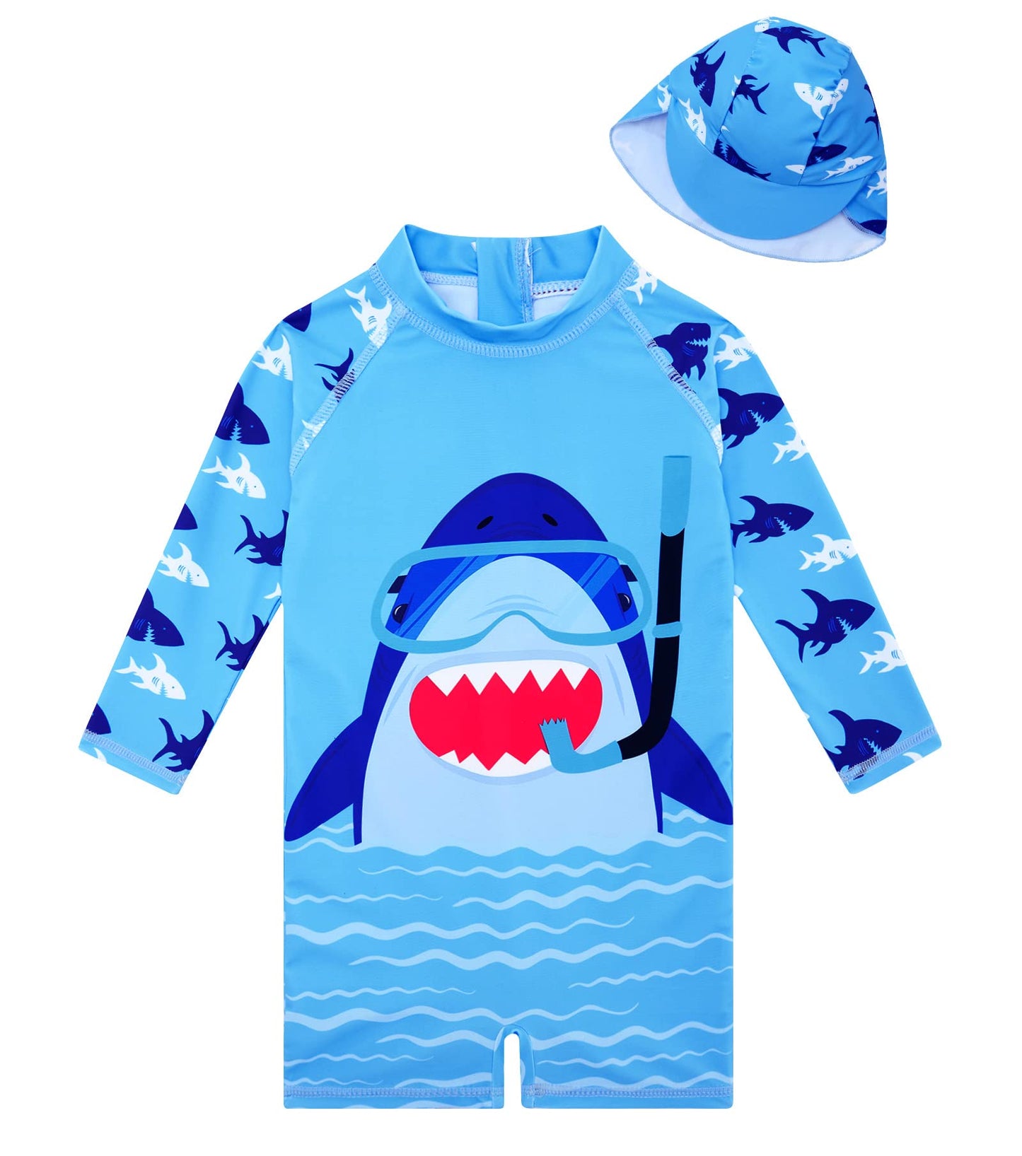 6-12 Months Boy Swimsuit One Piece Shark Bathing Suit Rash Guard Sunsuit With Sun Hat Zip Fish Print Swimwear For Summer Beach
