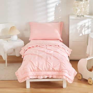 4 Pieces Pinch Pleated Toddler Bedding Set With Ruffle Fringe, Solid Color Pink Unisex Pintuck Toddler Sheet Sets For Baby Girls