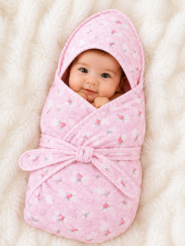 Babyholic Baby Swaddle Wrap with Hood, Pink Floral Print, Cotton, Newborn Sleeping Bag with Tie Belt (Pink)