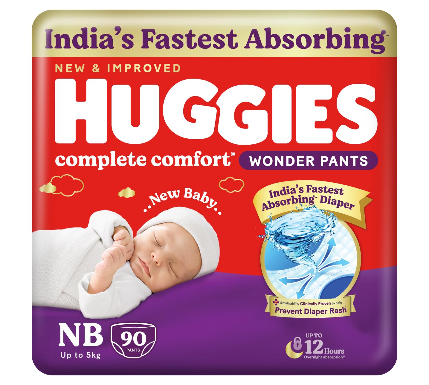 Huggies Complete Comfort Wonder Pants | Pant Style Baby Diapers Newborn Size (Nb/Xs), 90 Count | IndiaS Fastest Absorbing Diape