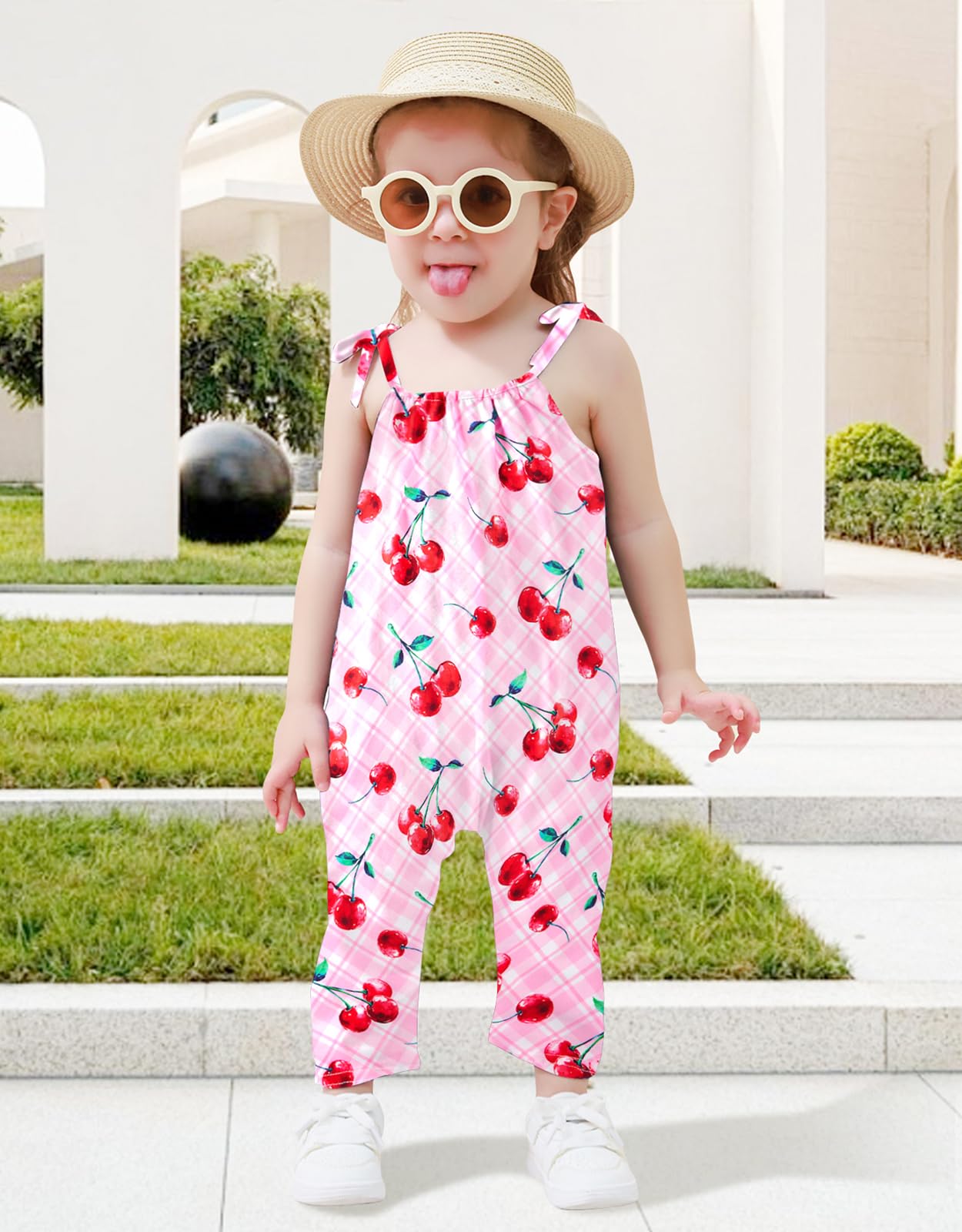 Lindanina 4T Girls Summer Clothes Toddler Red Cherry Romper Jumpsuits Kids Outfits 5T Cute Adjustable Tie-Up Strap One Piece Sle