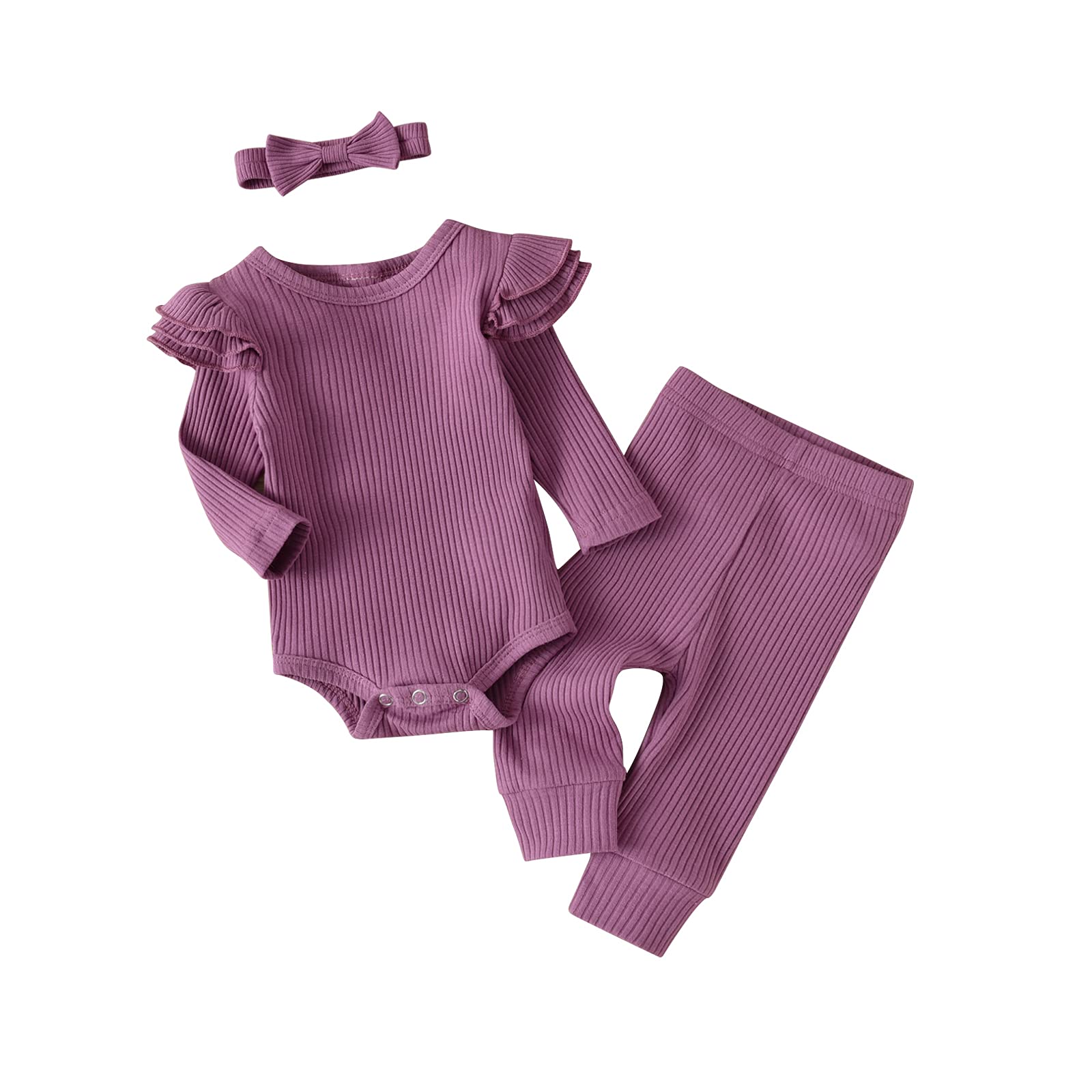 Kulcerry Newborn Infant Baby Girl Clothes Solid Color Ribbed Long Sleeve Romper Pants Headband Outfits Set (Purple,Newborn)