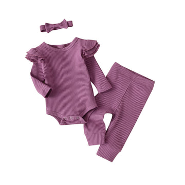 Kulcerry Newborn Infant Baby Girl Clothes Solid Color Ribbed Long Sleeve Romper Pants Headband Outfits Set (Purple,Newborn)