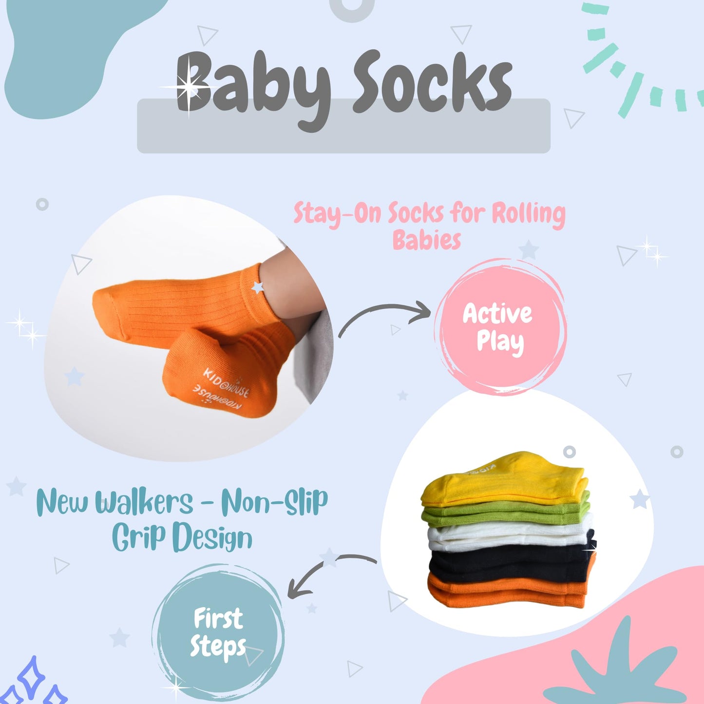 Umelok Baby Socks Non-Slip Grips 5-Pack (0-12 M) - Mixed Bright Colors Cotton Ankle Socks For Boys Girls | Essential Nursery Sof