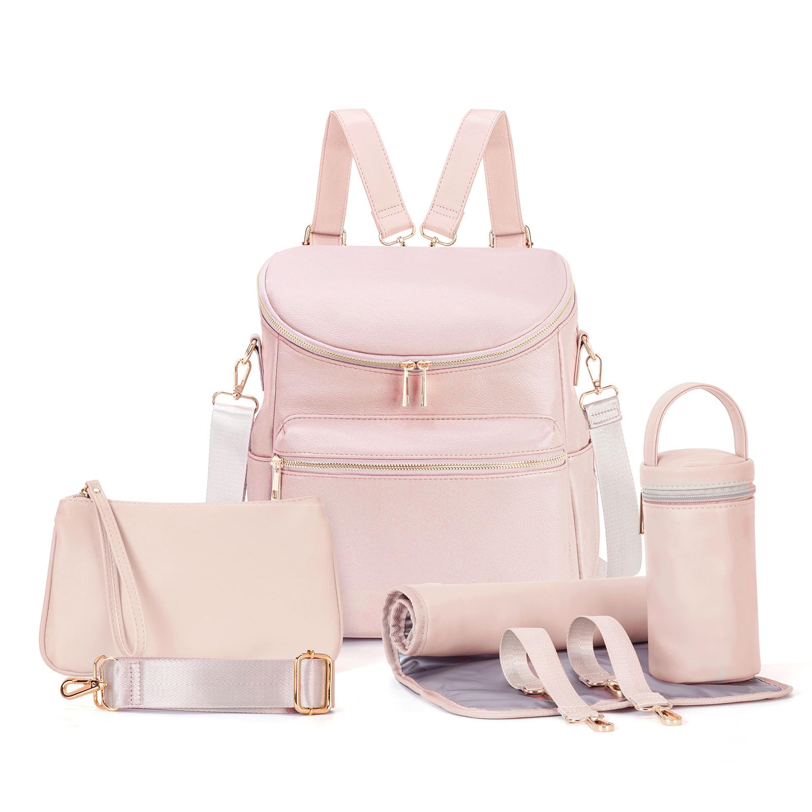 Minsong Diaper Bag Backpack, Fashion Leather Mommy Backpacks, Travel Baby Diaper Bags With In Bag Organizer And Changing Pad (Pi