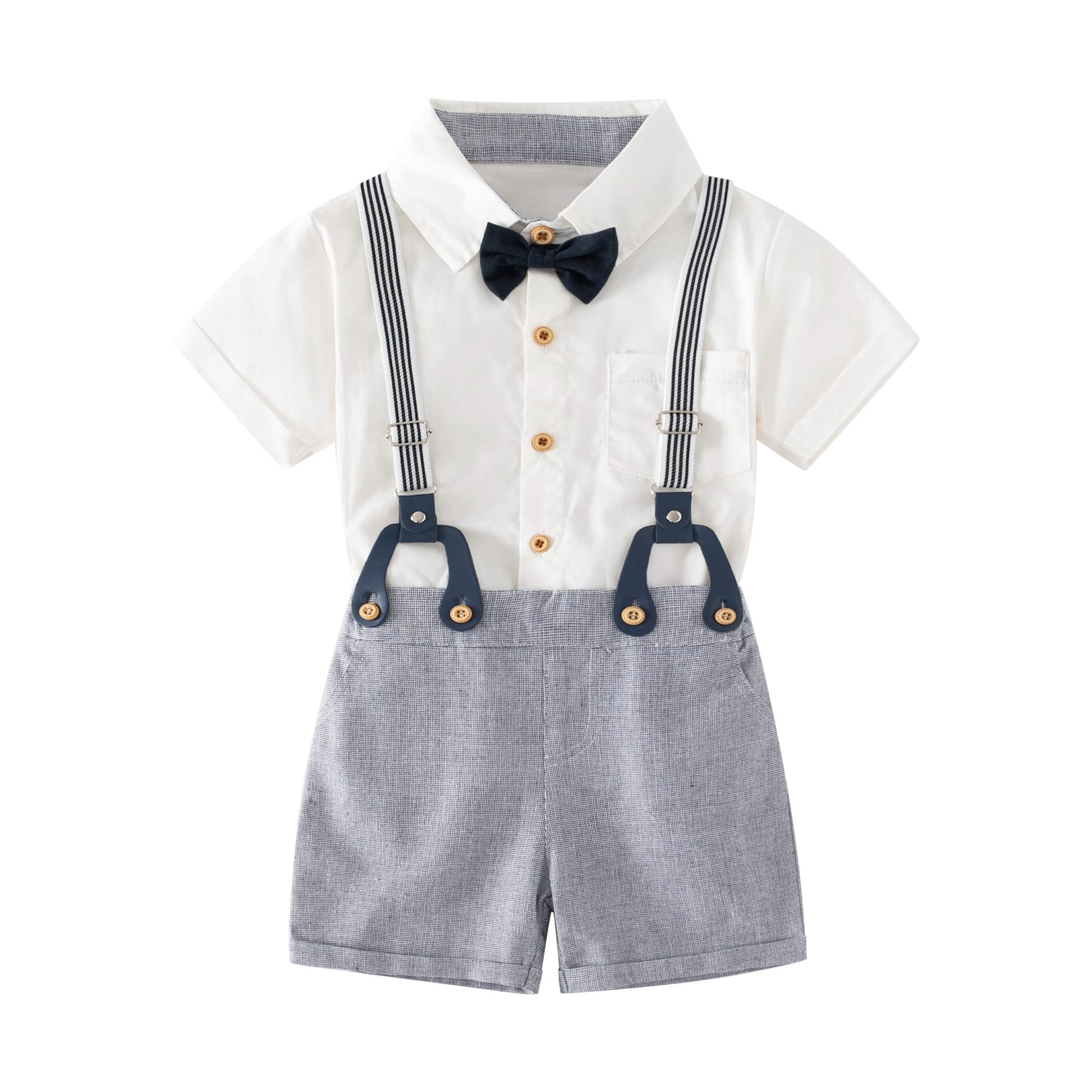 Baby Boys Gentleman Outfits Suits, Infant Short Sleeve Shirt+Bib Pants+Bow Tie Overalls Clothes Set White