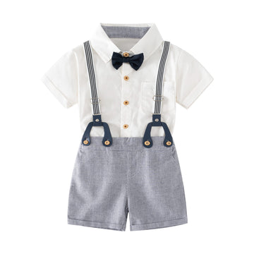Baby Boys Gentleman Outfits Suits, Infant Short Sleeve Shirt+Bib Pants+Bow Tie Overalls Clothes Set White