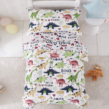 Joyreap 4 Piece Toddler Bedding Set, Dinosaur Theme Printed On White, Standard Size Includes Quilted Comforter, Fitted Sheet, To