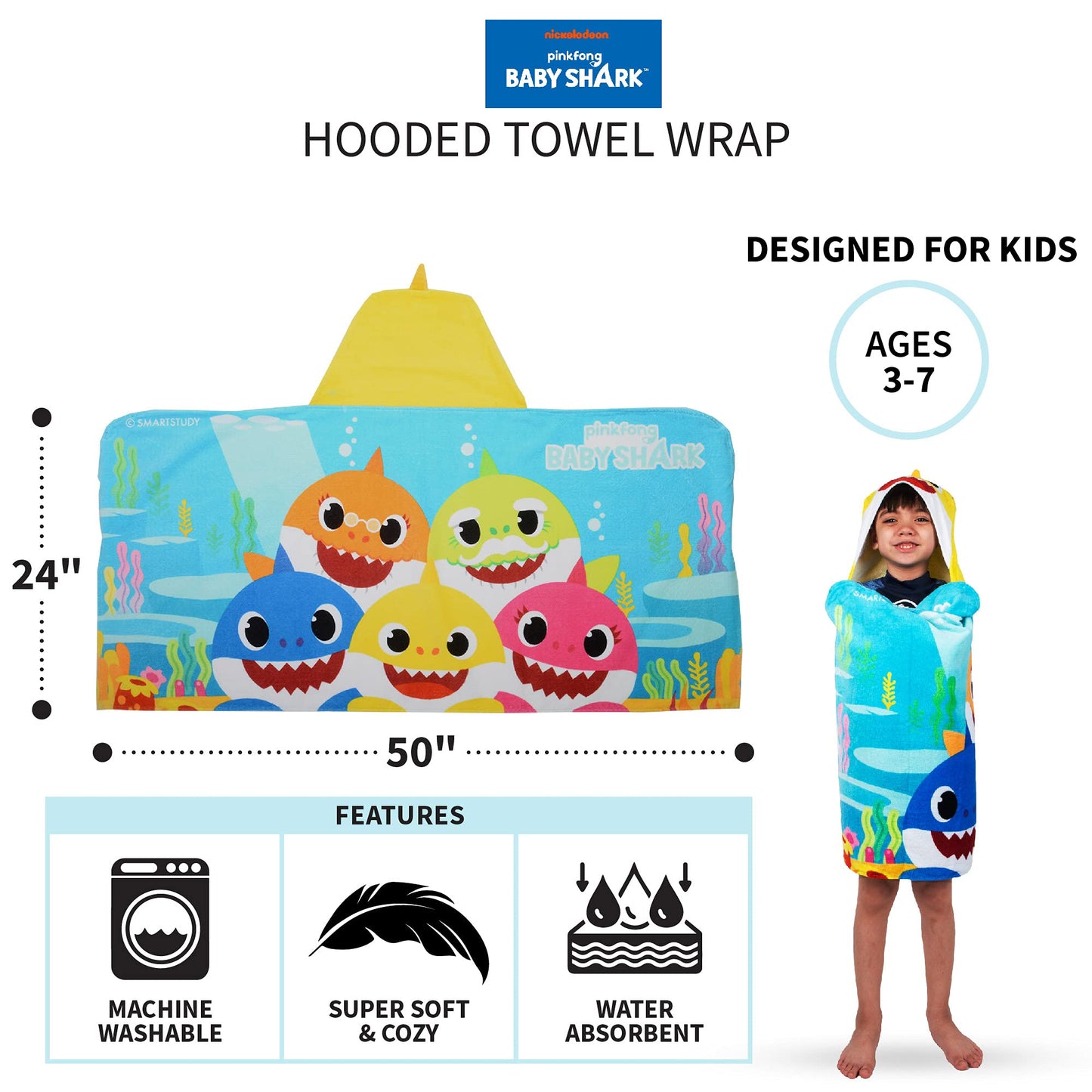 Franco Kids Bath And Beach Soft Cotton Terry Hooded Towel Wrap, 24' X 50', Baby Shark