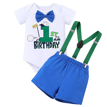 Odasdo Baby Boy My First 1St Birthday Smash Cake Outfit Golf Sports Party Supplies Bow Tie Romper Shorts Suspenders 3Pcs Set For