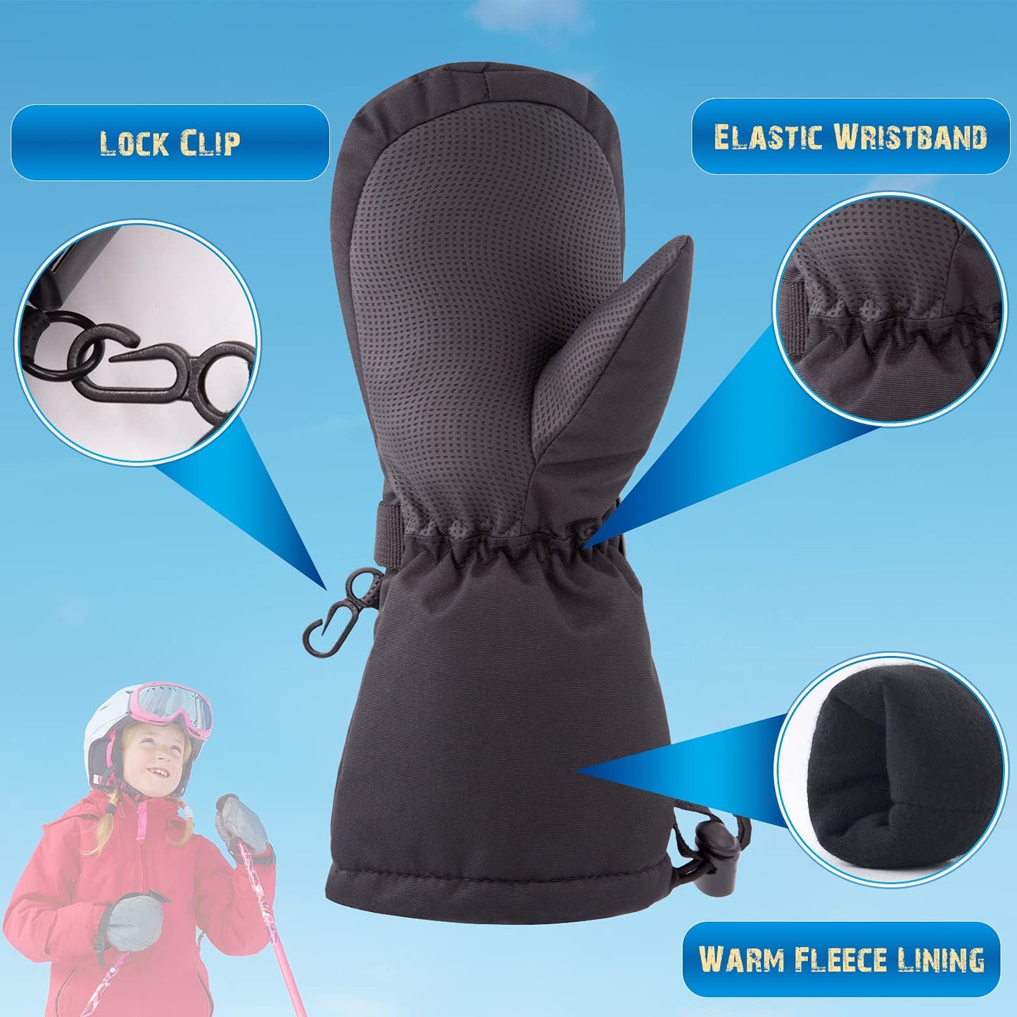 Bavst Winter Kids Waterproof Gloves For Boys Girls Snow Ski Toddler Baby Mittens Outdoor For Infant Teens 1-5T (N-Black, L(4-6T)