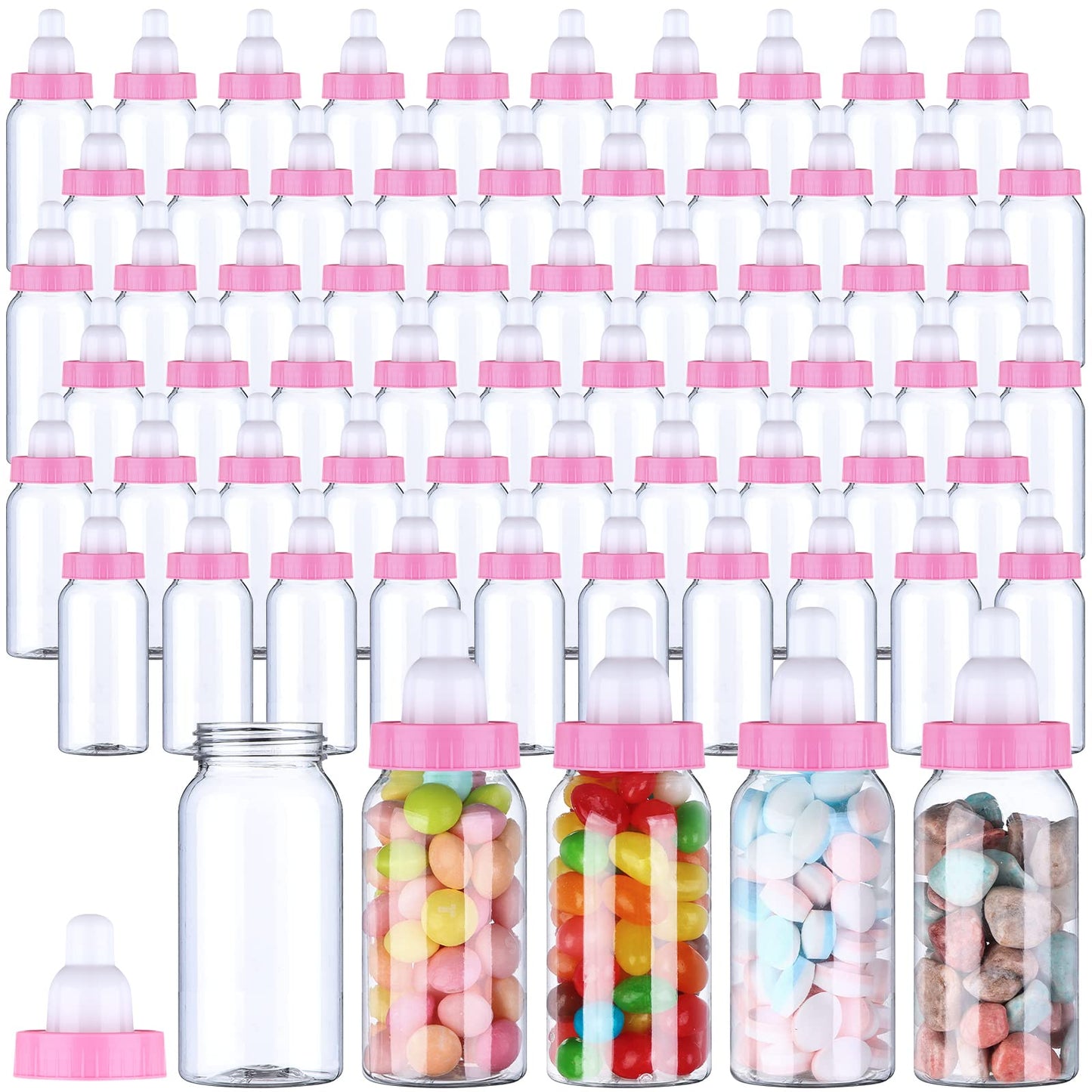 Pinkxhy 60 Pcs 4.5 Inch Baby Mini Milk Bottle Baby Shower Favor Fillable Feeding Bottle Candy Box Small Plastic Candy Container