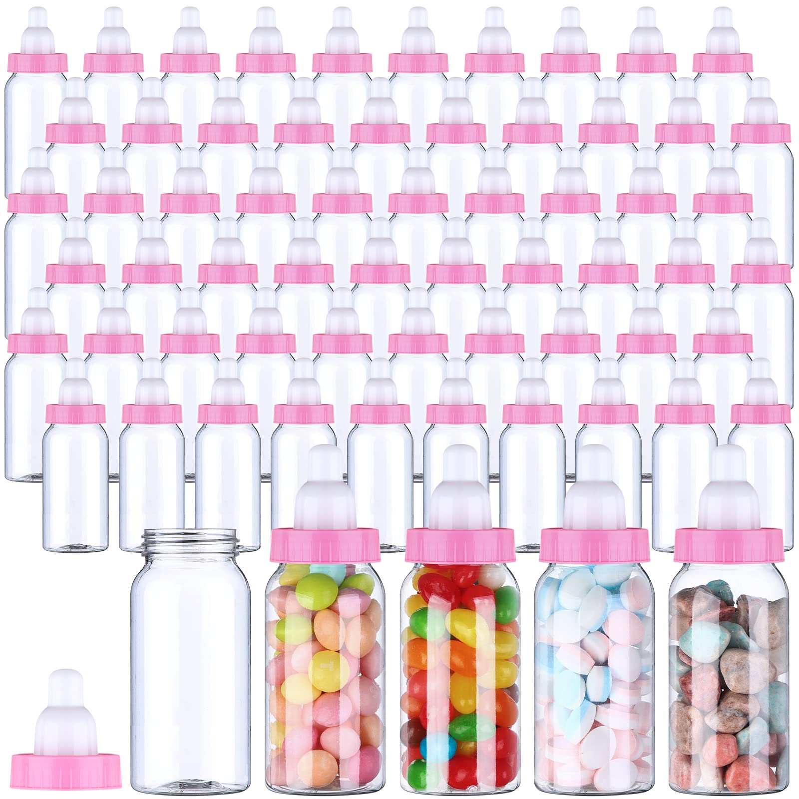 Pinkxhy 60 Pcs 4.5 Inch Baby Mini Milk Bottle Baby Shower Favor Fillable Feeding Bottle Candy Box Small Plastic Candy Container