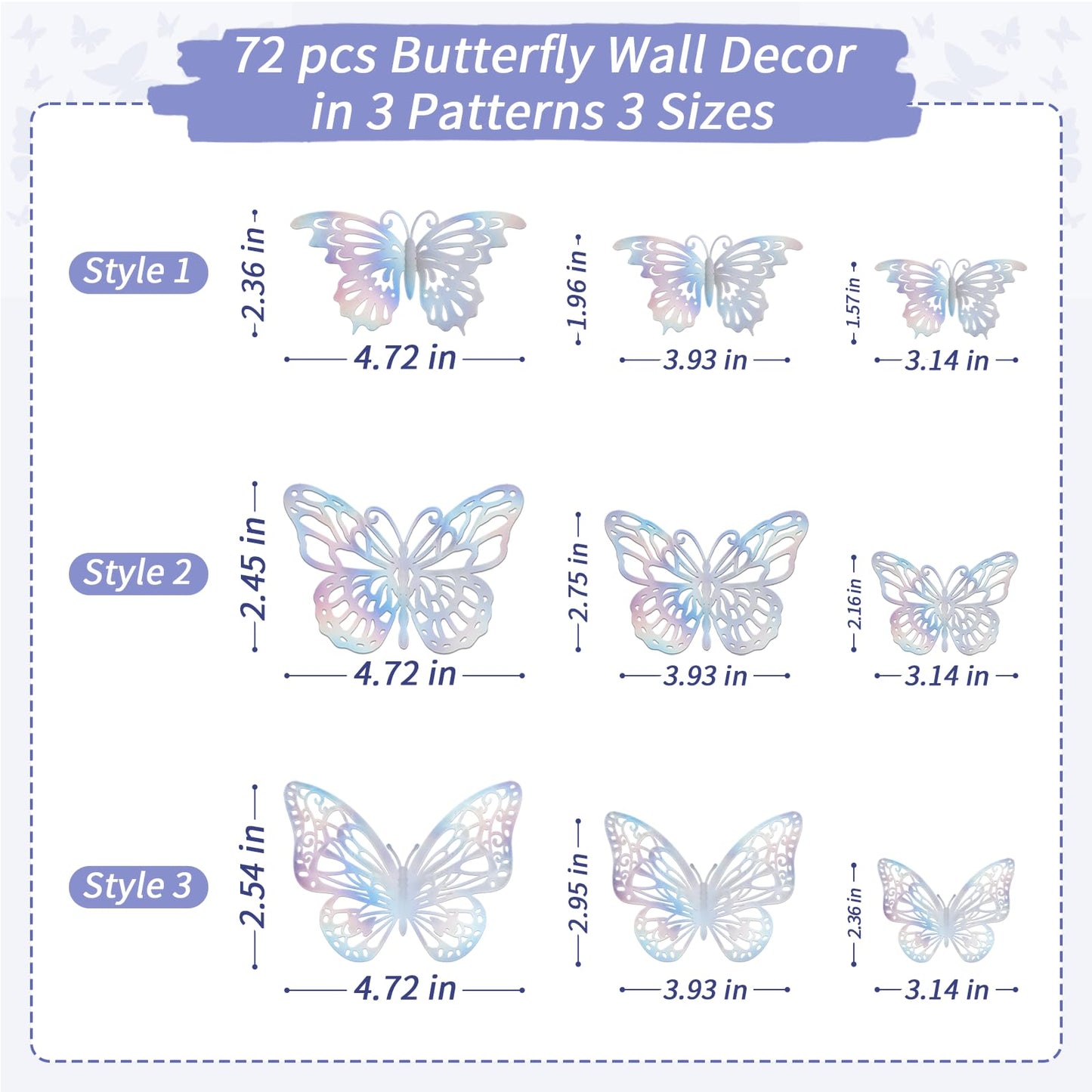 72 Pcs Laser Butterfly Decorations, 3D Butterfly Decoration With 3 Styles 3 Sizes, Removable Butterfly Wall Decor Stickers (Lase