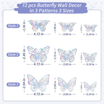 72 Pcs Laser Butterfly Decorations, 3D Butterfly Decoration With 3 Styles 3 Sizes, Removable Butterfly Wall Decor Stickers (Lase
