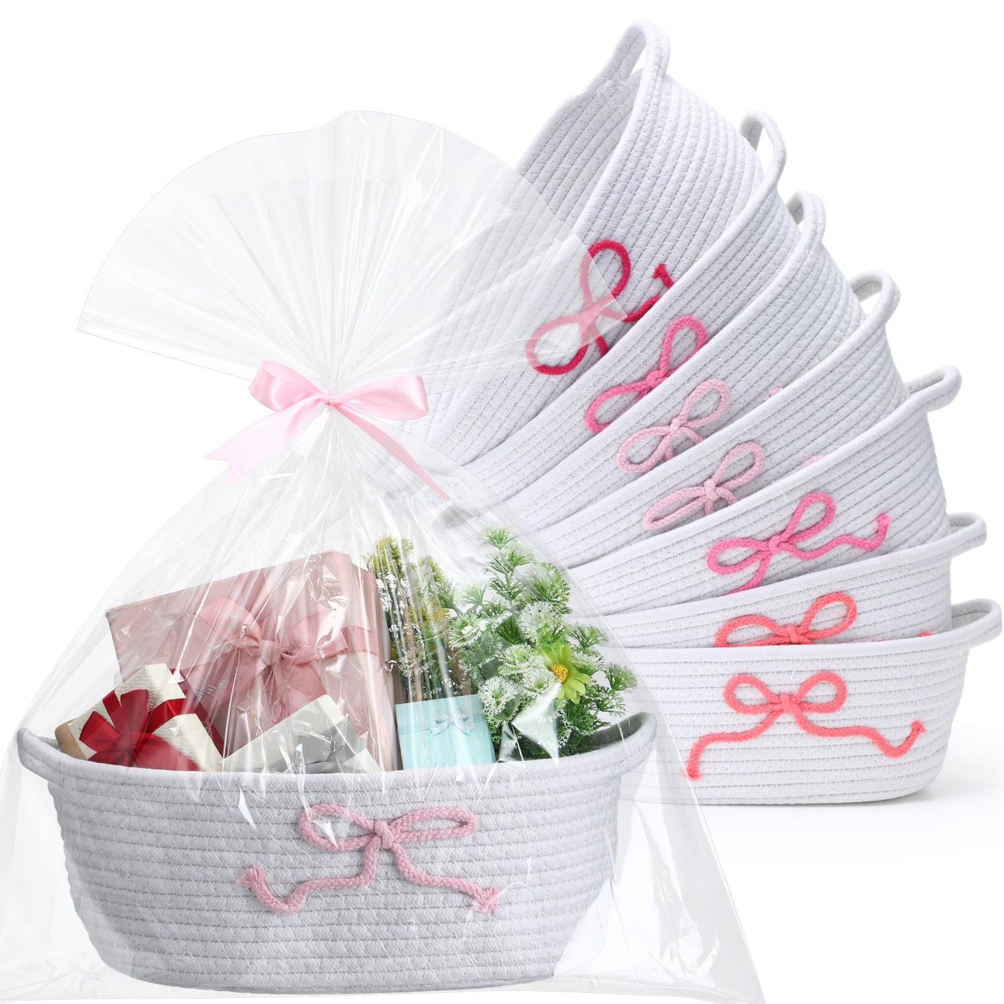 Mysora 8 Pack Pink Bow Woven Baskets with Handle 8 Clear Plastic Gift Bags and 8 Pink Ribbons 12x 8x 5 Baby Gift Baskets for Bab