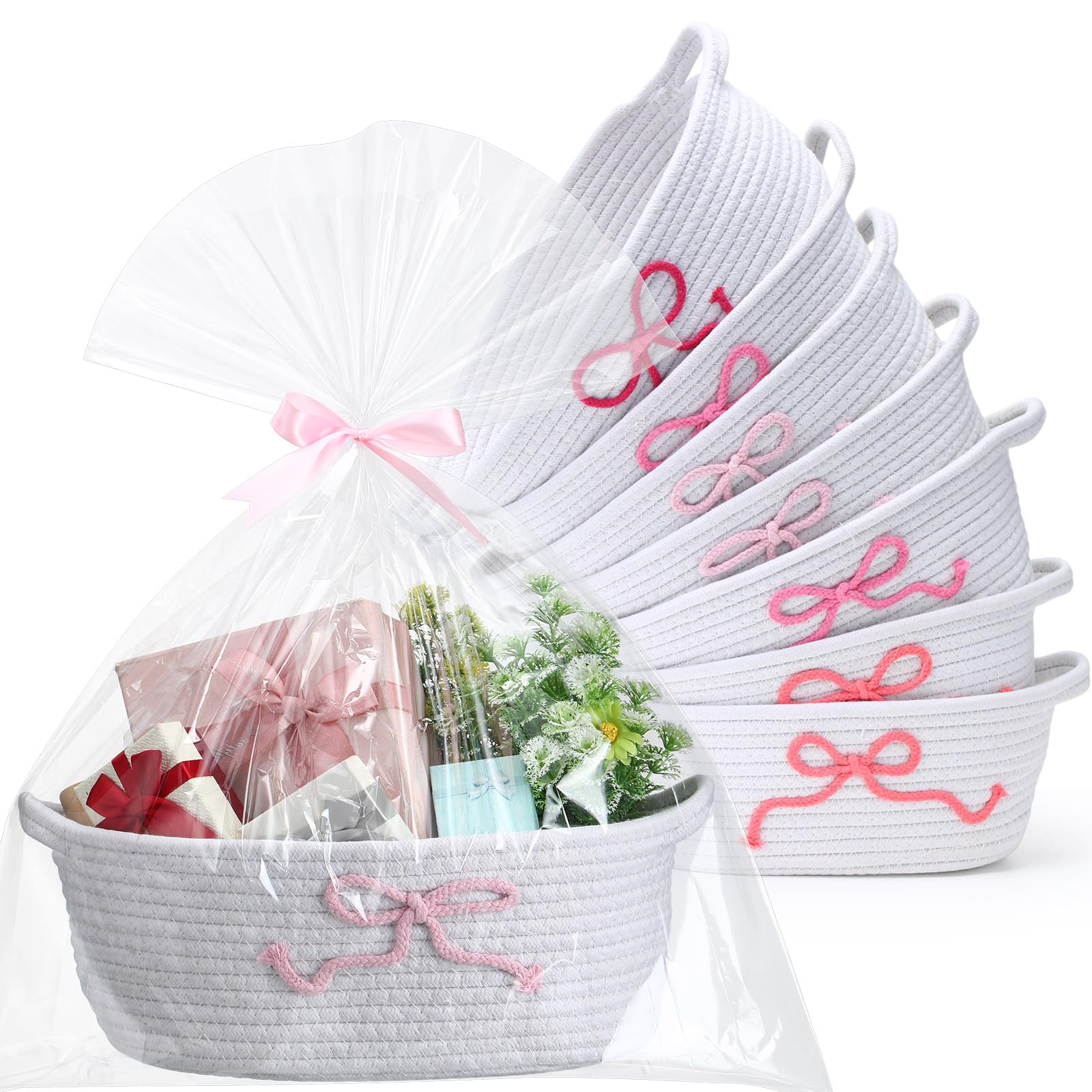 Mysora 8 Pack Pink Bow Woven Baskets with Handle 8 Clear Plastic Gift Bags and 8 Pink Ribbons 12x 8x 5 Baby Gift Baskets for Bab