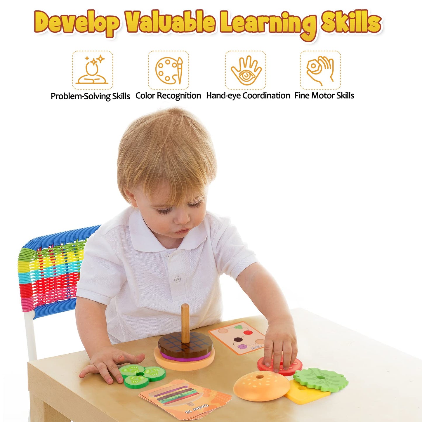 Aizweb Montessori, Stacking Toys- Wooden Burger for 3 Year Old Toddlers and Kids Preschool, Fine Motor Skill Educational Learnin