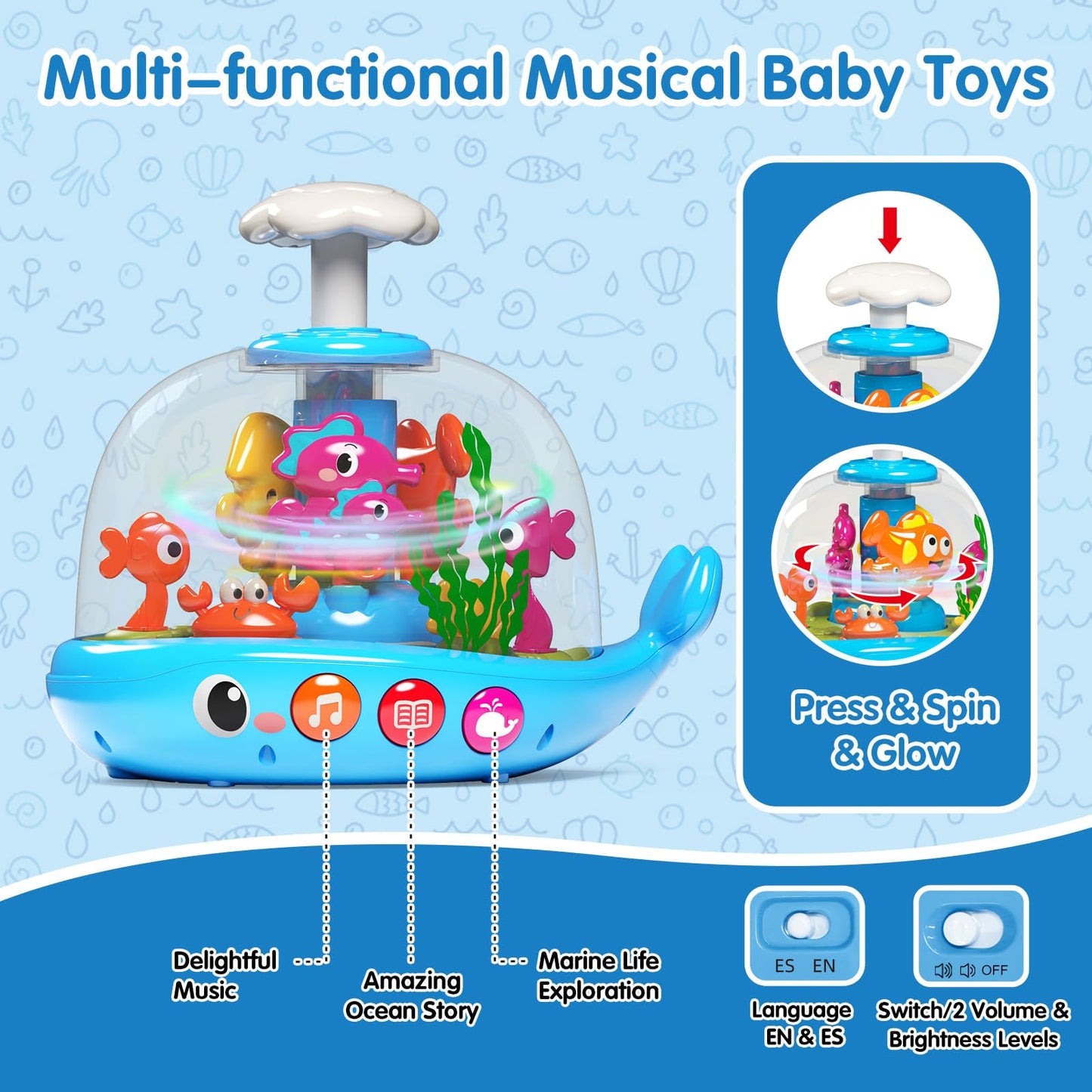 Baby Toys 6-12 Months, Press & Glow & Spin Infant Toys, Cause and Effect Baby Musical Toys Educational Toy for 1 Year Old, 1st B
