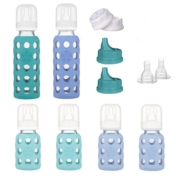 Lifefactory 6 Bottle Starter Set (4) 4-Ounce Baby Bottle In Mint/Blanket (2) 9-Ounce Baby Bottle In Kale/Blueberry (2) Flat Caps