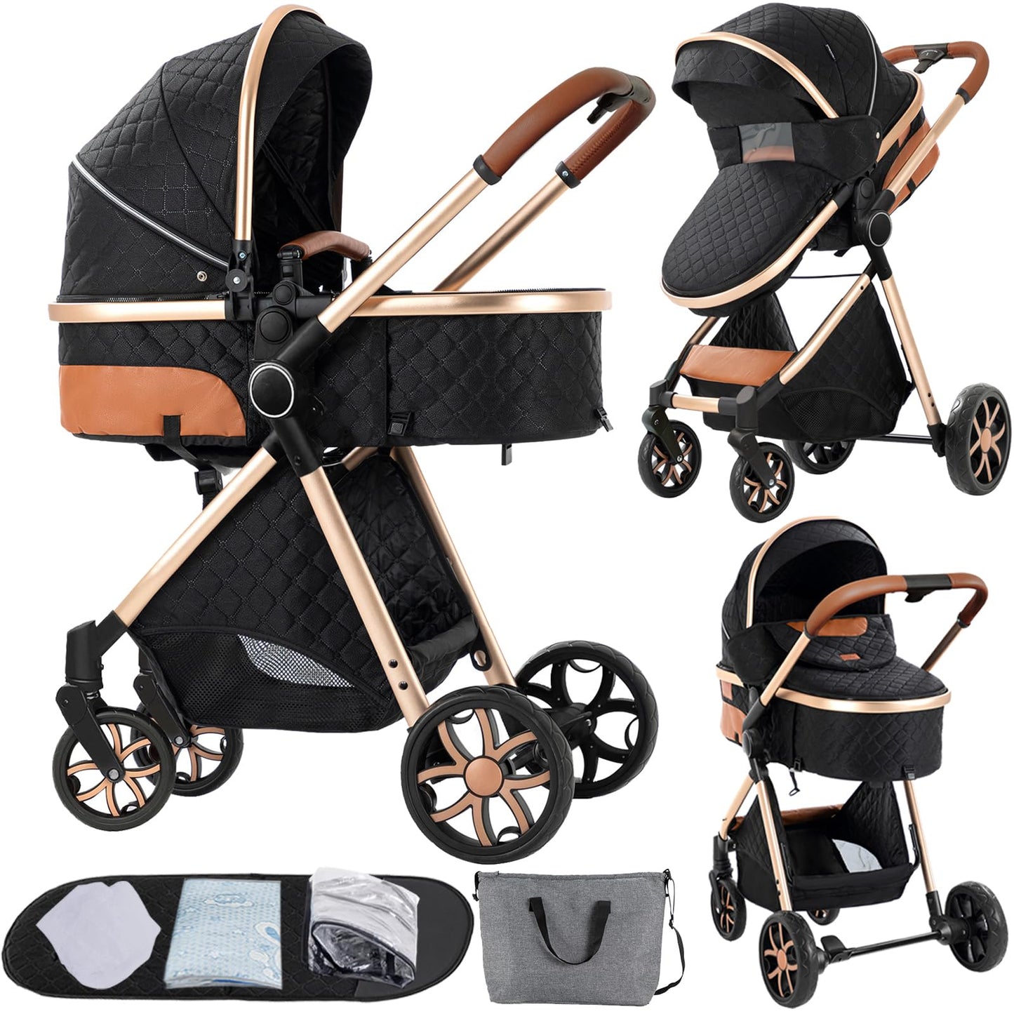 PU Leather 2 in 1 Baby Stroller Reversible Portable Standard Baby Stroller Convertible Pushchair Infant Buggy Baby Carriage Fold