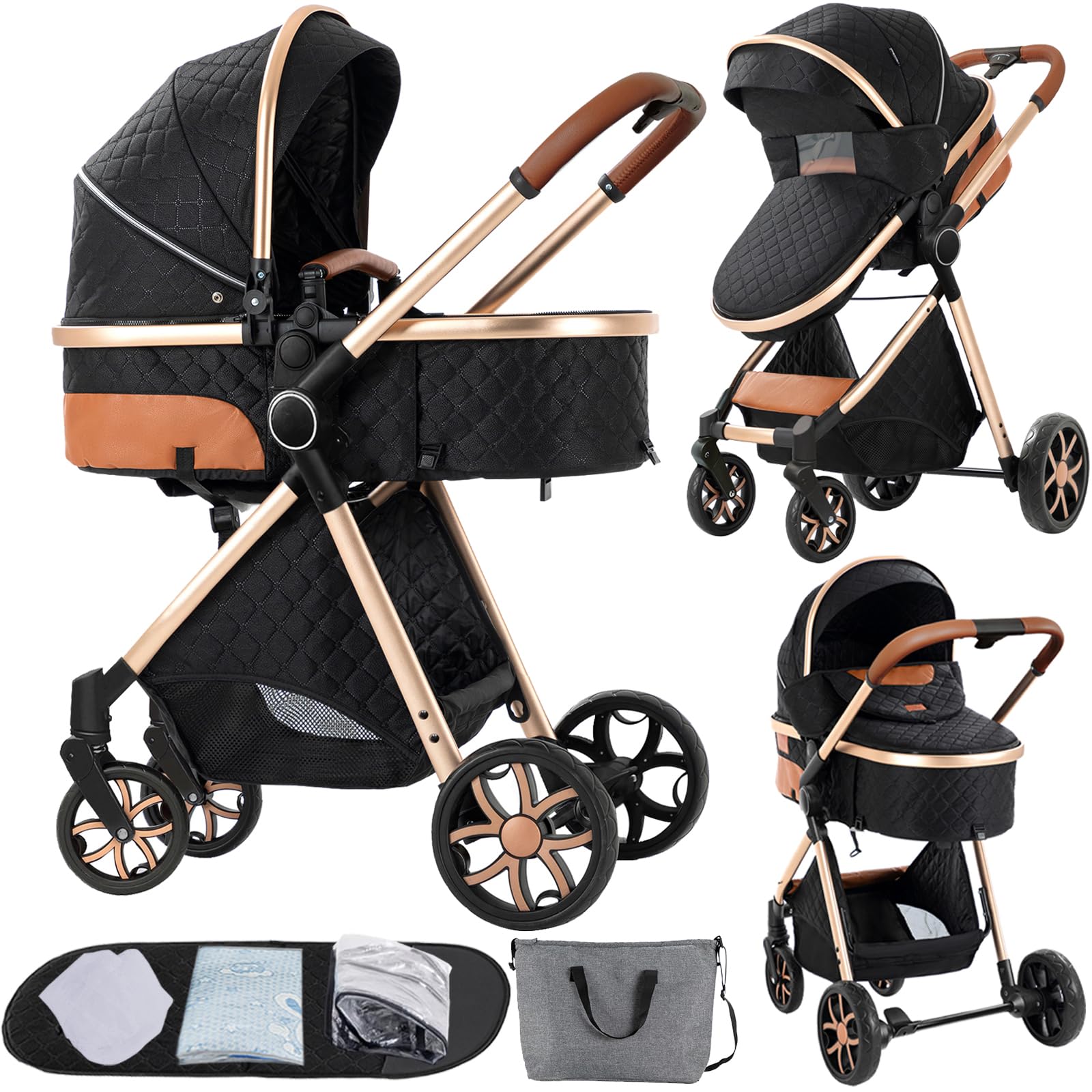 PU Leather 2 in 1 Baby Stroller Reversible Portable Standard Baby Stroller Convertible Pushchair Infant Buggy Baby Carriage Fold