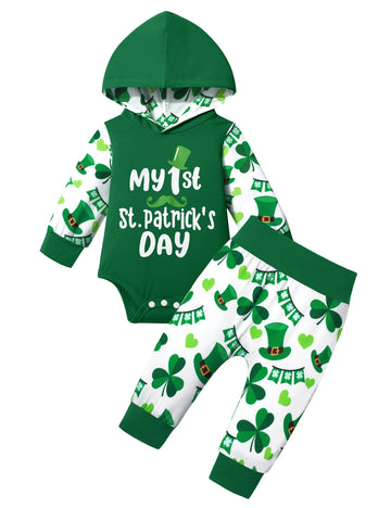 St Patricks Day Baby Boy Outfit 6-9 Months My First St Patricks Day Baby Boy Outfit Hoodie Four-Leaf Clover Sleeves Slacks 2-Pie