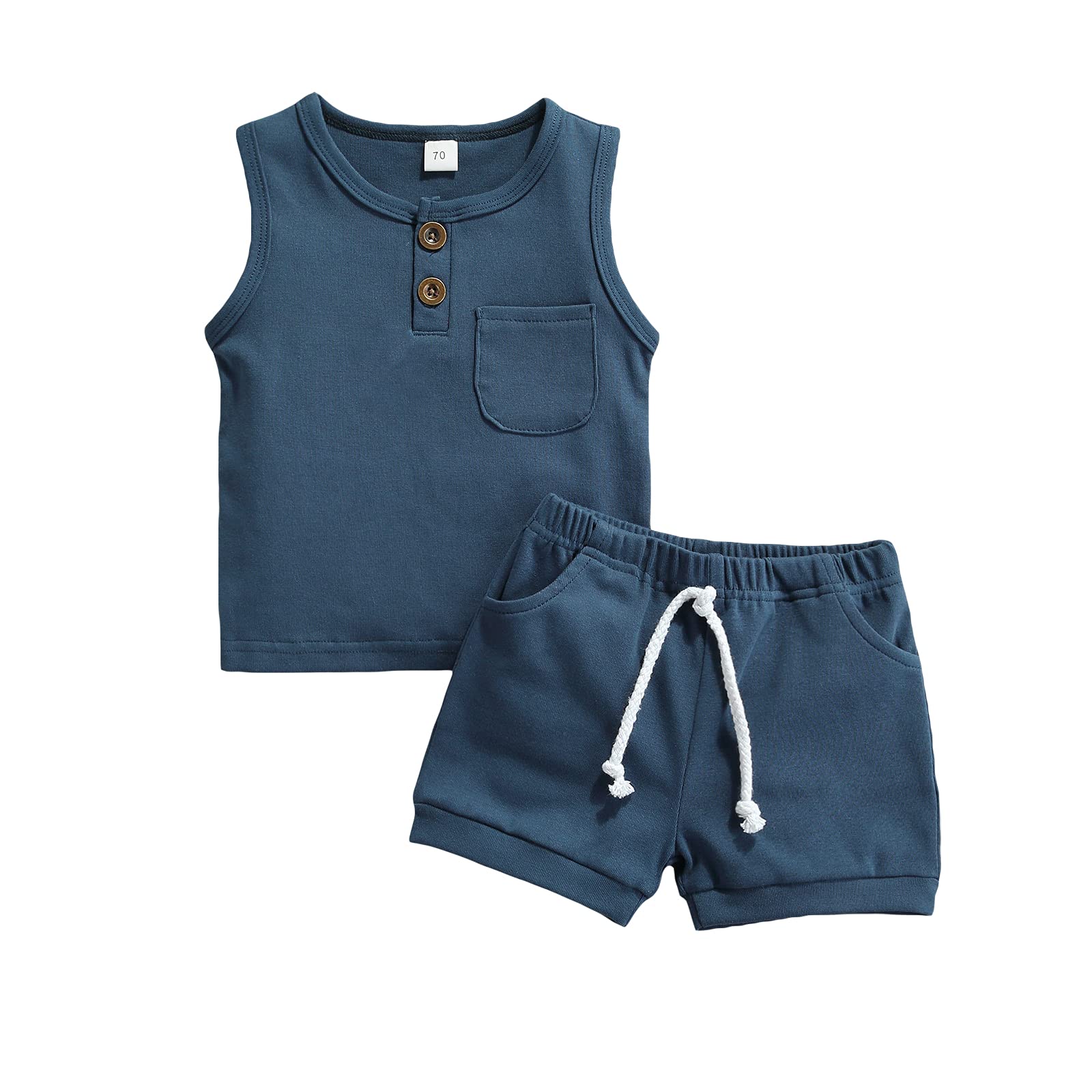 Karesoull Infant Baby Boy Clothes Summer Shorts Set Solid Sleeveless Pocket Tops Cotton Outfit 2Pcs (Sleeveless Indigo, 6-12 Mon