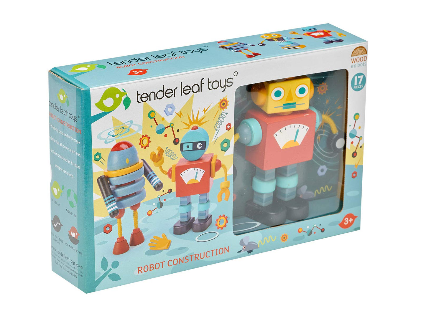 Tender Leaf Toys - Robot Construction - 17 Pieces Wooden Construction Set to Build and Stack 3 Robot in Endless Variations - Dev