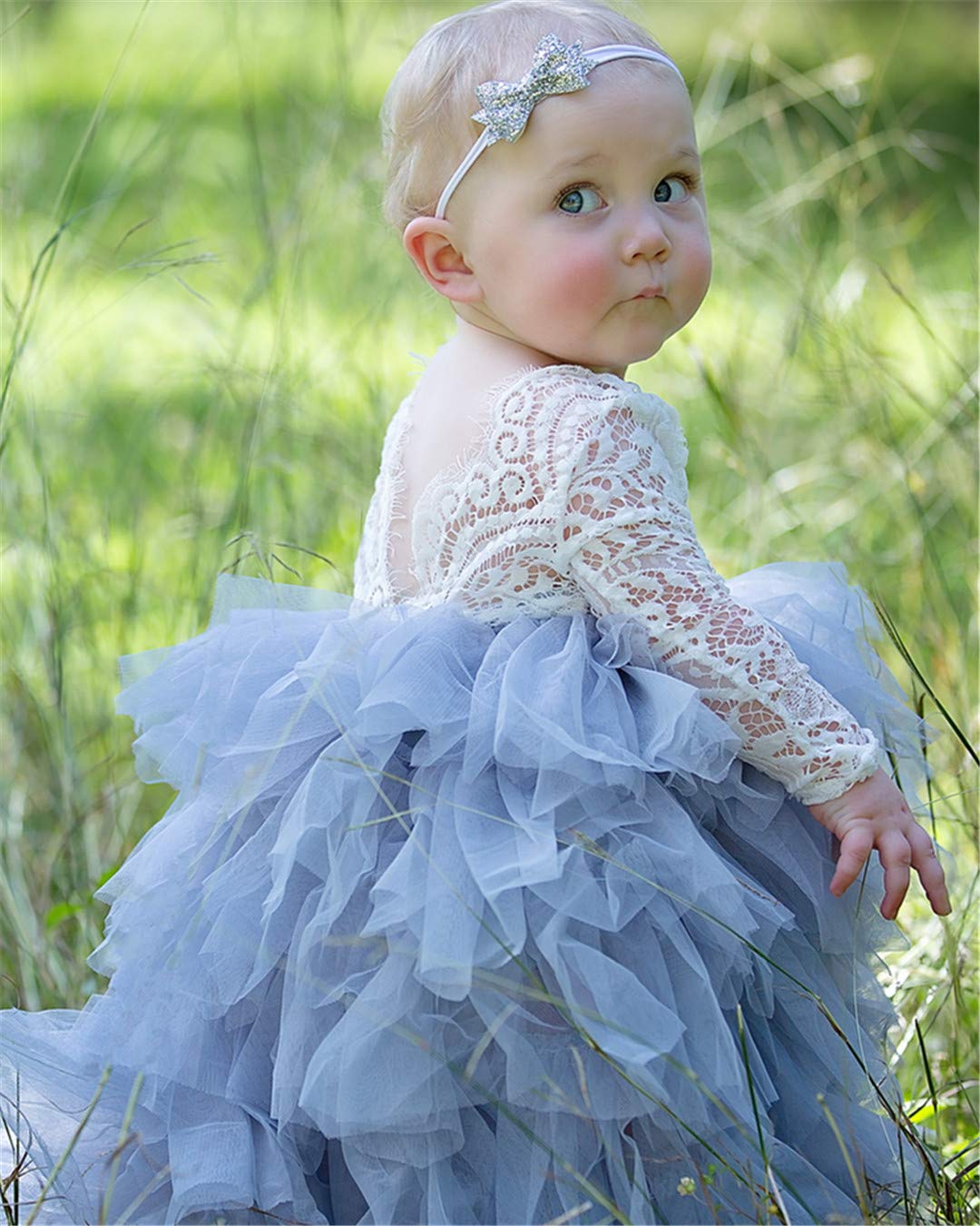 2Bunnies Girl Peony Lace Back A-Line Tiered Tutu Tulle Flower Girl Dress (Gray Long Sleeve Maxi, 9-10Yrs)