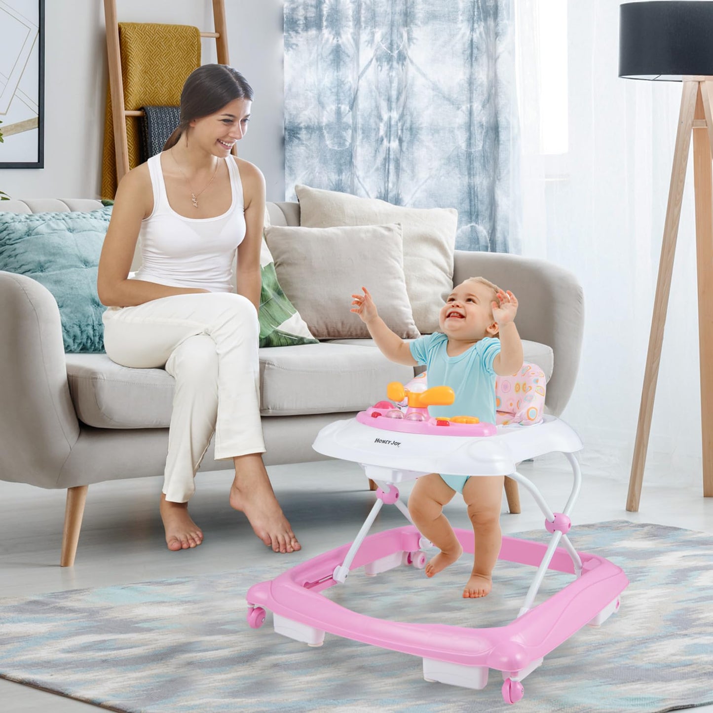 Honey Joy Baby Walker, 5 In 1 Infant Activity Walker With Wheels, Music, Removable Cushion, Toddler Foldable Push Walker For Boy