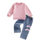 GeogenryToddler baby Girls 2pcs Clothes Cute Bow Sweatshirt Outfits Long Sleeve Crew Neck Tops Elastic Waist Jeans Spring Set (P