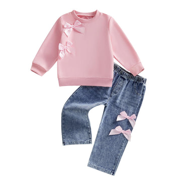 GeogenryToddler baby Girls 2pcs Clothes Cute Bow Sweatshirt Outfits Long Sleeve Crew Neck Tops Elastic Waist Jeans Spring Set (P