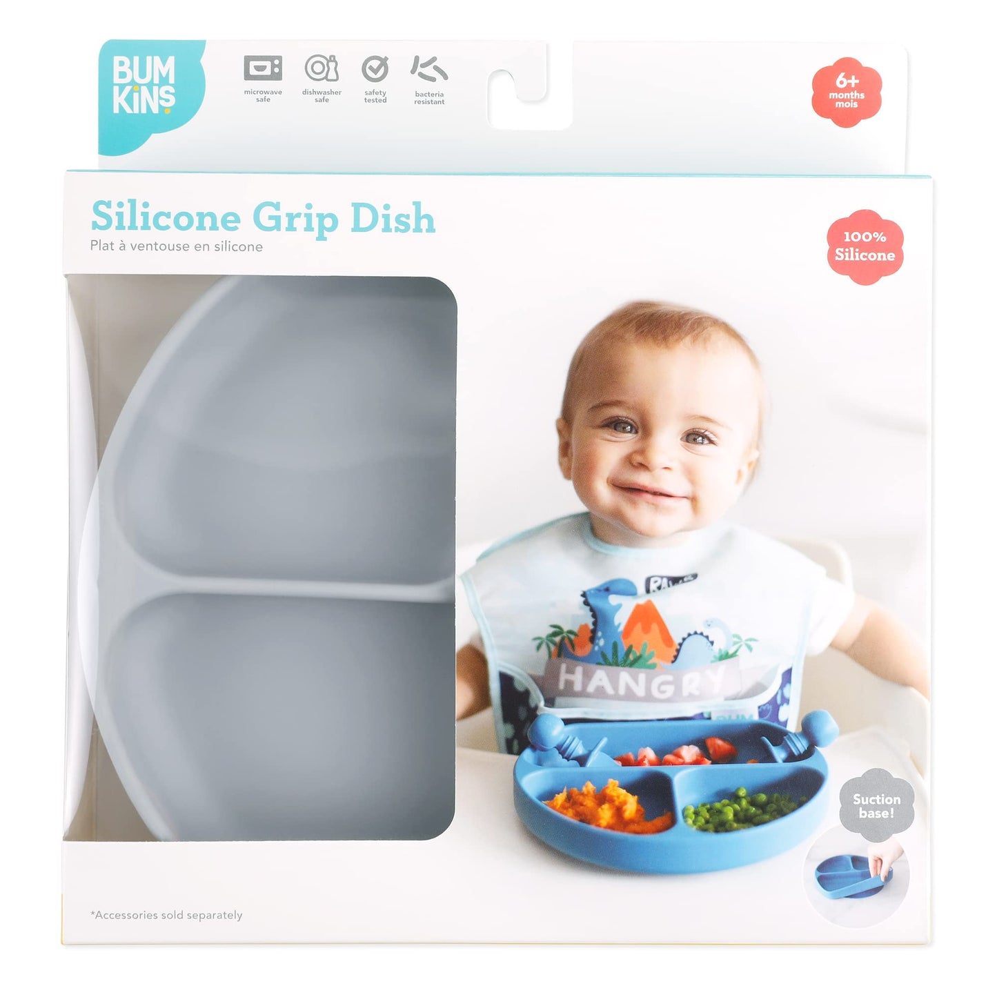 Bumkins Toddler and Baby Suction Plate, Divided Grip Dish for Babies and Kids, Baby Led Weaning, Feeding Supplies, Sticks to Tab