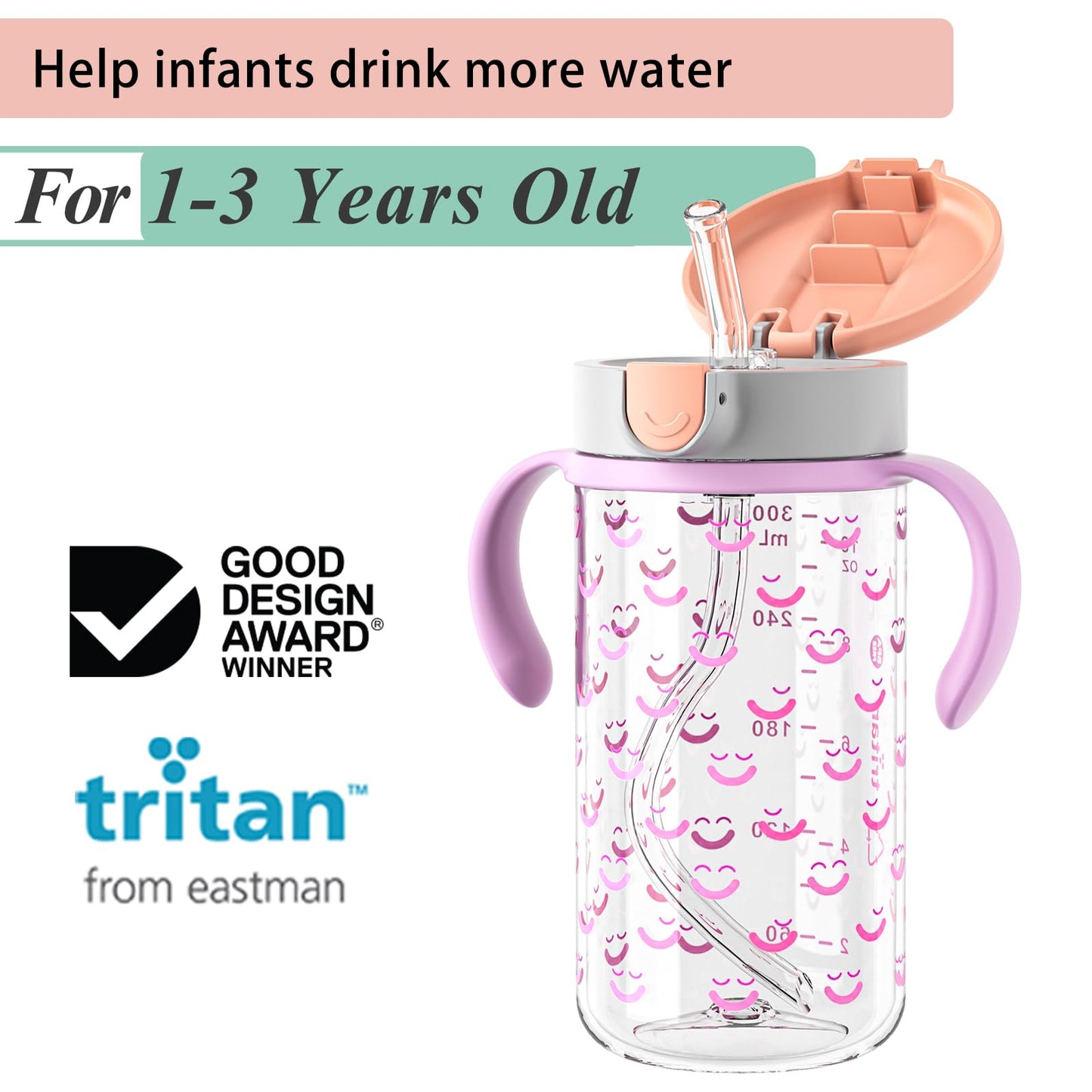 Evorie Tritan Toddler Sippy Cup With Silicone Straw, Spill-Proof Straw Water Bottle For Kids 1-4 Years Old, 10 Oz, Removable Han