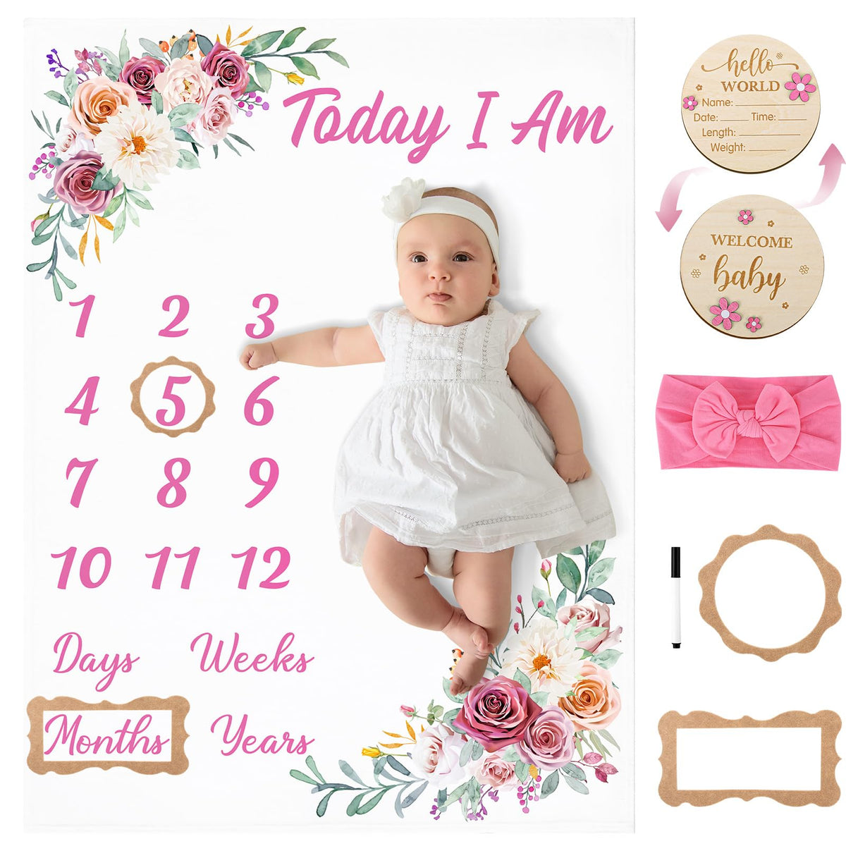 GGSTDDUP Floral Baby Milestone Blanket for Baby Girls Flannel Newborn Infant Swaddle Baby Growth Blanket Photography Background 