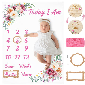 GGSTDDUP Floral Baby Milestone Blanket for Baby Girls Flannel Newborn Infant Swaddle Baby Growth Blanket Photography Background 