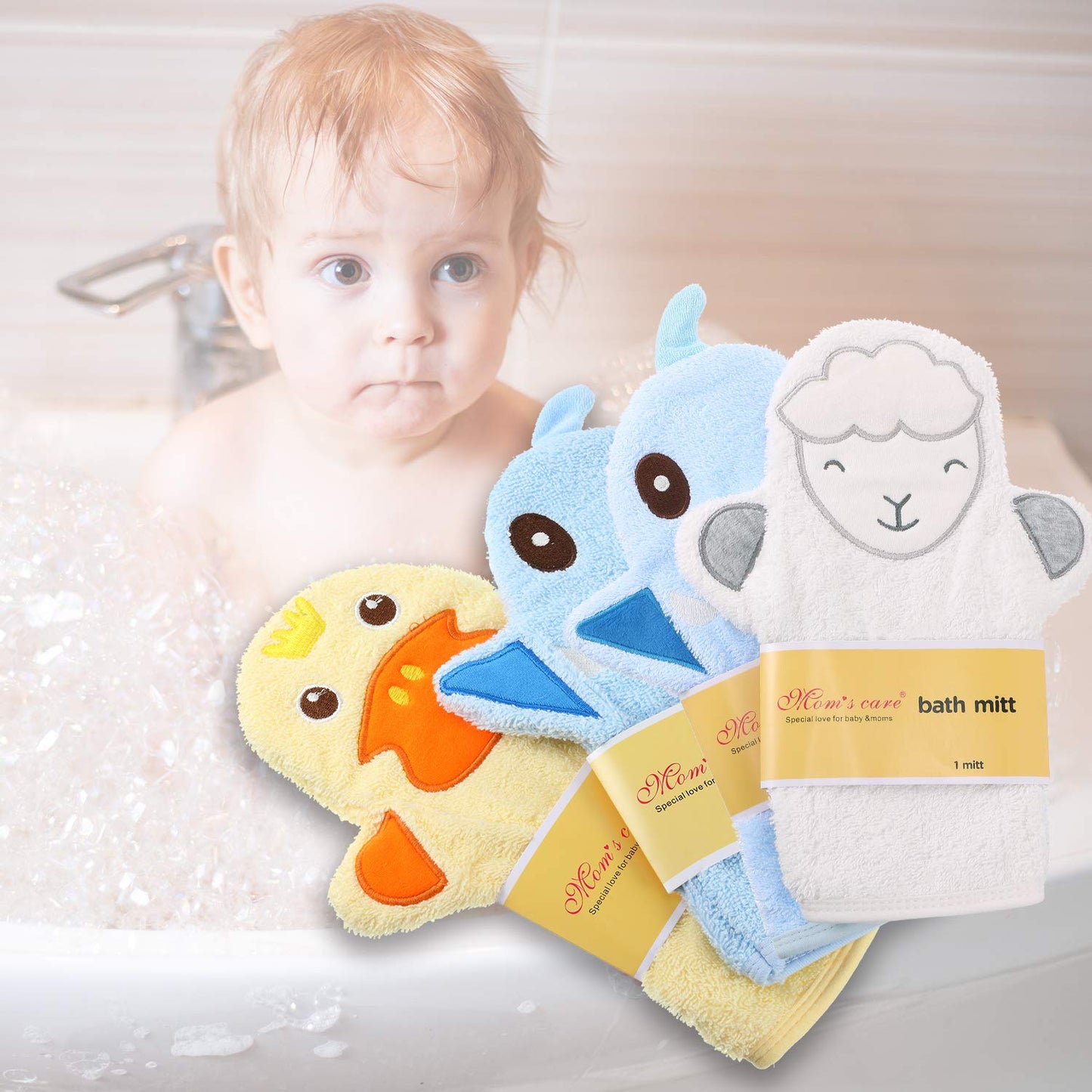 4 Pieces Baby Bath Mitt Washcloths Gloves Designed In Nice Cute Animal Style Yellow Duck Shark Panda Sheep Cotton Towel Gentle S