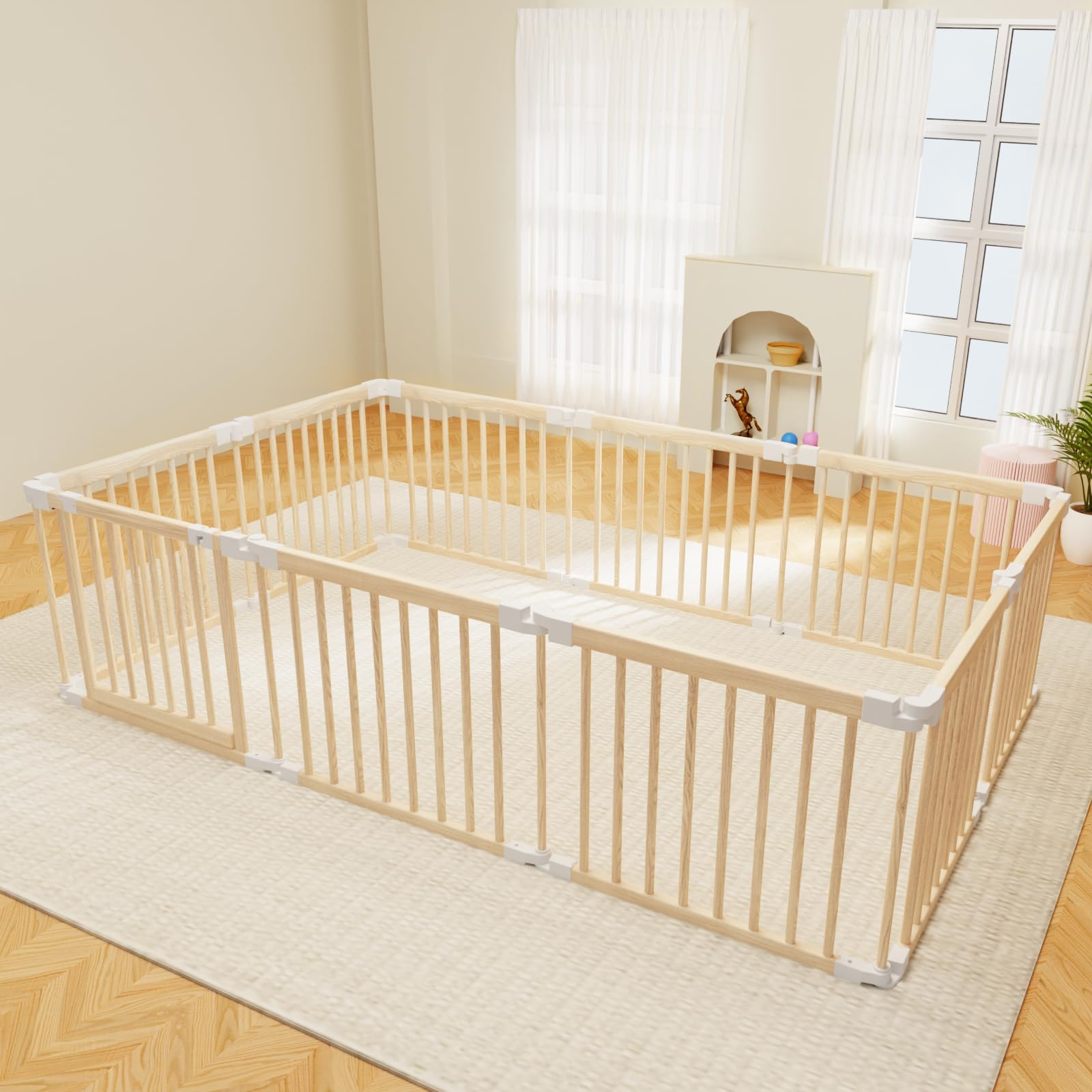 Baby Playpen, Foldable Wooden Play Yard with Gate, Playpen for Babies and Toddlers, Adjustable Baby Activity Center with Child P
