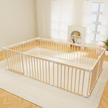 Baby Playpen, Foldable Wooden Play Yard with Gate, Playpen for Babies and Toddlers, Adjustable Baby Activity Center with Child P