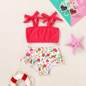 Younger Tree Toddler Girls Two Pieces Swimsuit Color Block Stripe Swimwear Summer Beach Bathing Suit 18M-5T(Red#Flower 2-3T)