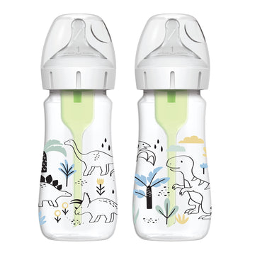 Dr Browns Natural Flowa Anti-Colic Options+A Wide-Neck Baby Bottle Designer Edition Bottles, Dino Decos, 9Oz270Ml, Level 1 Nippl