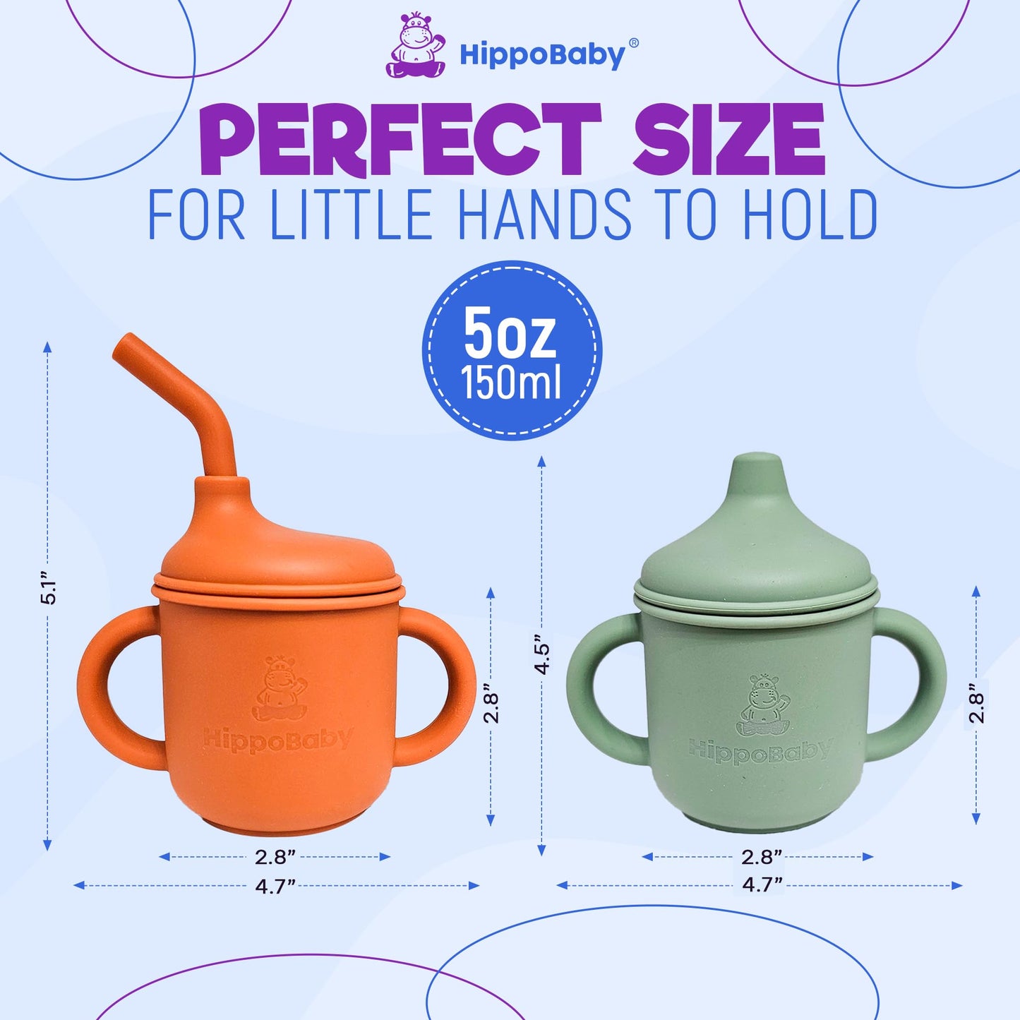 Hippobaby Silicone Transition Sippy Cup For 6+ Month Old | Includes 1 Toddler Straw Cup & 1 Sippy Cup With Handles 5 Oz| Silicon