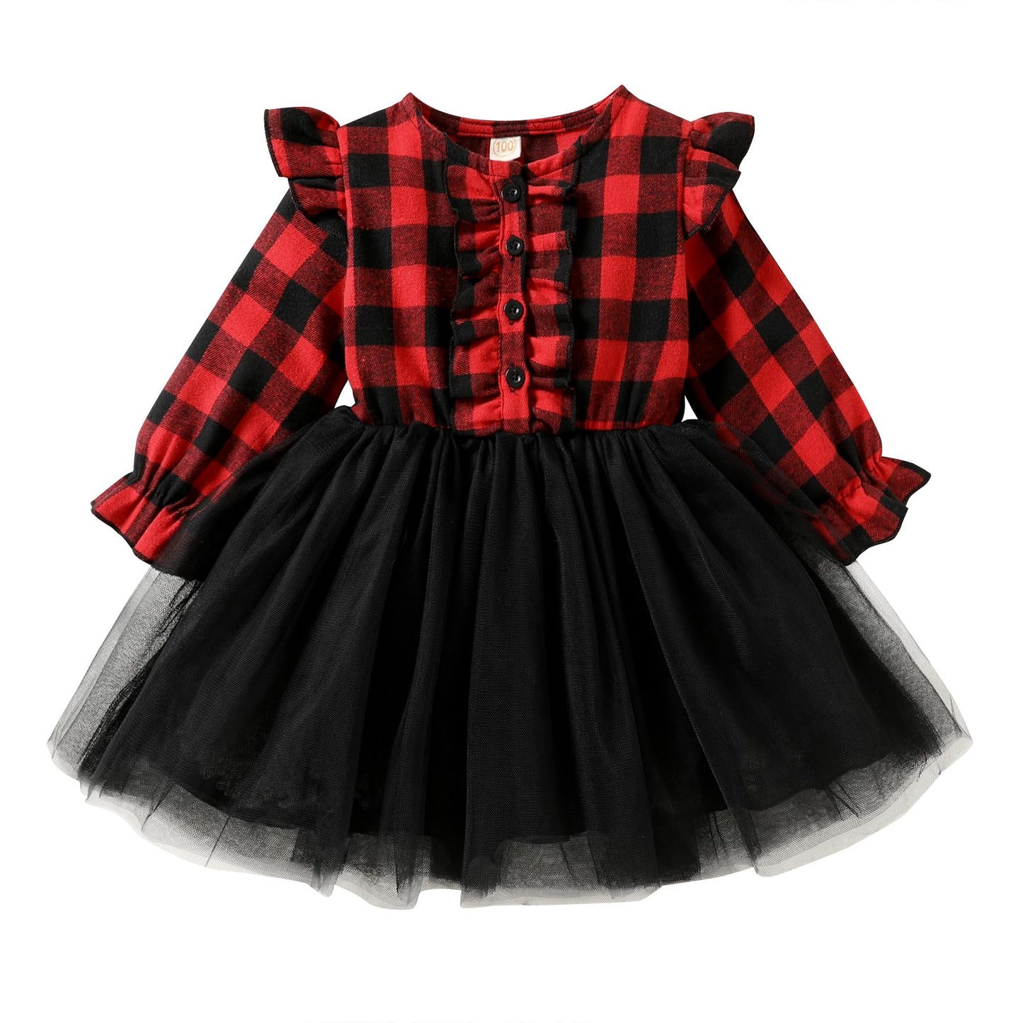 Younger Tree Toddler Kids Girls Clothes Christmas Dress Ruffle Red Plaid Black Mesh Skirt Outfits Overall Fall Winter (2-3T, Red