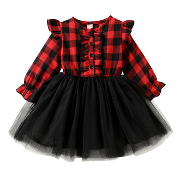 Younger Tree Toddler Kids Girls Clothes Christmas Dress Ruffle Red Plaid Black Mesh Skirt Outfits Overall Fall Winter (2-3T, Red
