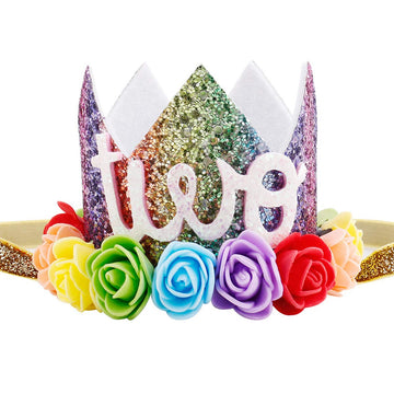 Maticr Baby Girl Glitter 1 2 3 First Birthday Rainbow Flower Crown Hat Floral Tiara Headband For Photo Prop (Letter Two)